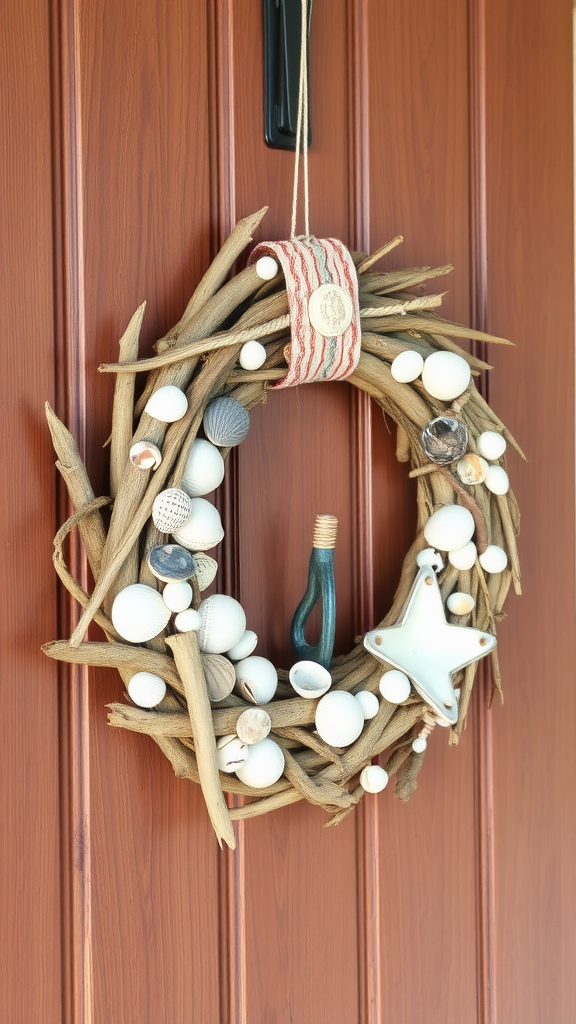 A nautical wreath made with driftwood, seashells, and a star-shaped decoration, hanging on a wooden door.