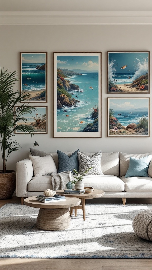 Ocean-inspired artwork in a cozy coastal living room