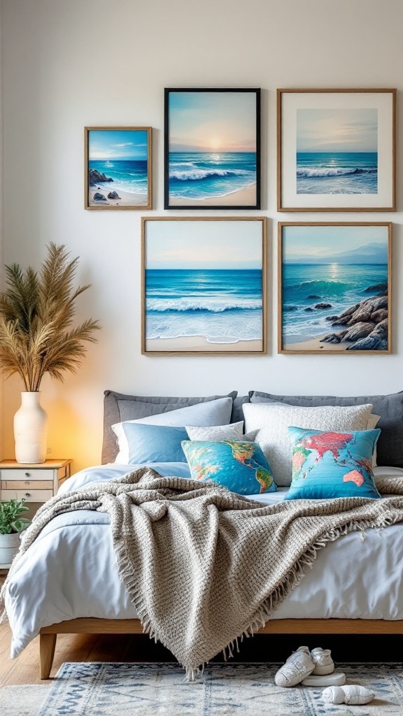 Beautiful coastal bedroom with ocean-inspired artwork on the walls.