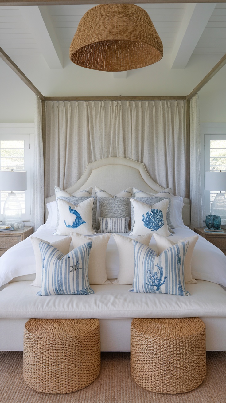 A beautifully styled bedroom with ocean-themed decorative pillows on the bed.