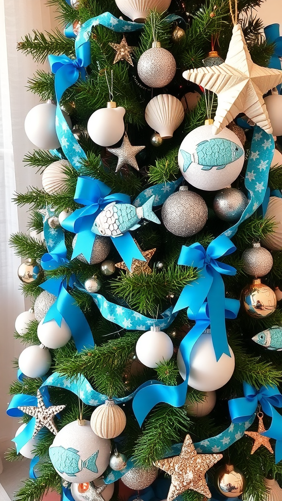 Ocean-themed Christmas tree with blue ribbons and fish ornaments.