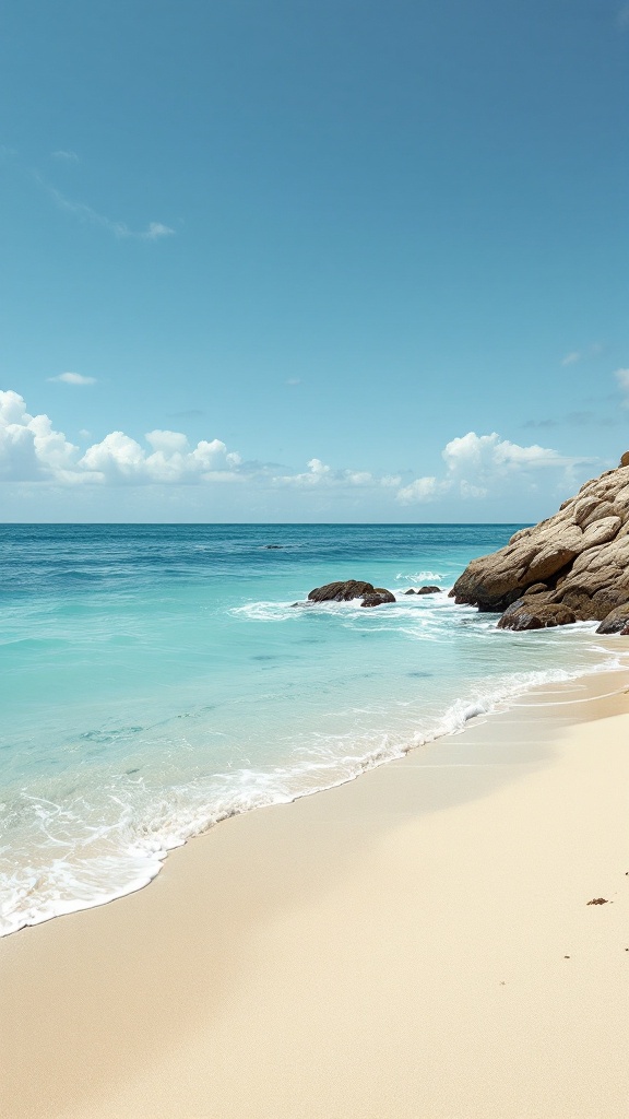 A serene beach scene with gentle waves and soft sand.