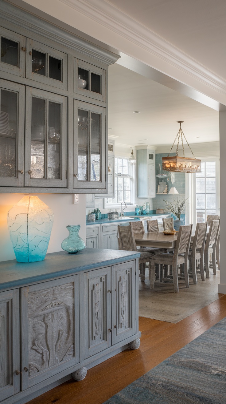 Open-concept kitchen designed with coastal vibes featuring soft blue tones and natural materials.