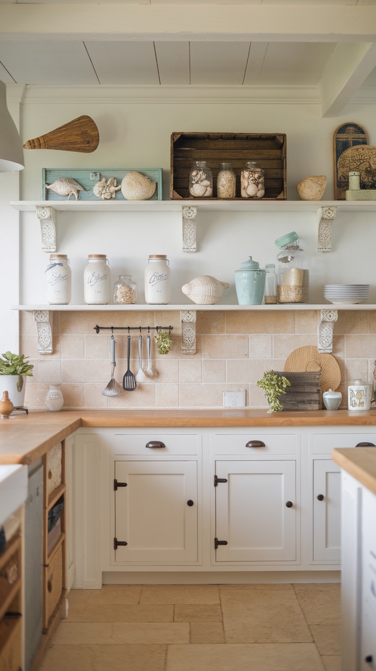 Coastal farmhouse kitchen with open shelving displaying jars, seashells, and kitchen utensils.