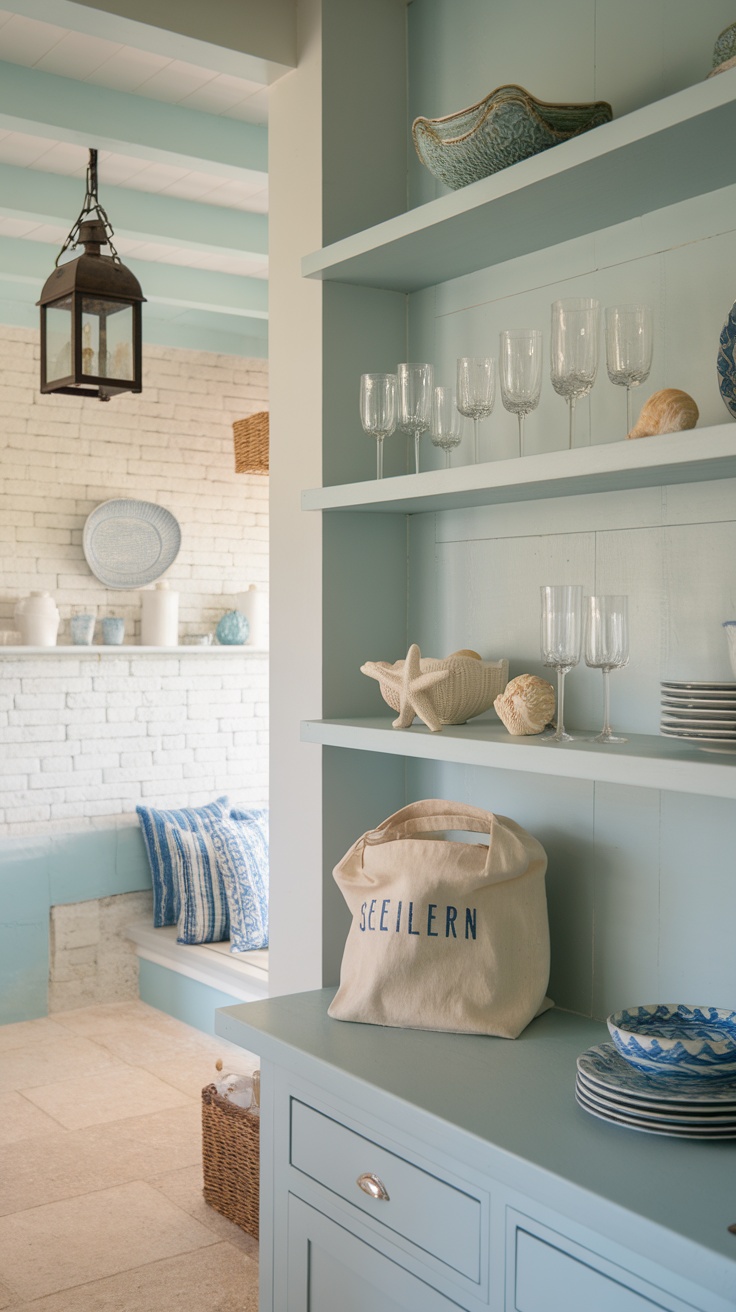 Open shelving in a coastal kitchen showcasing decorative items and dishes.