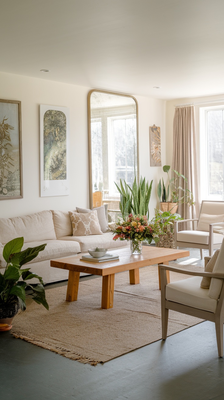 A cozy cottage living room with plants, a wooden table, and soft furnishings.