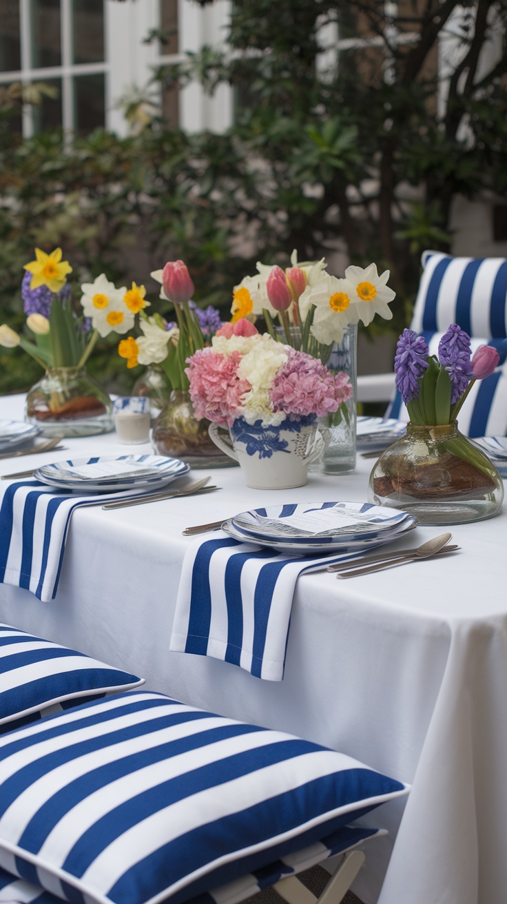 Chic spring tablescape with flowers and striped table settings.