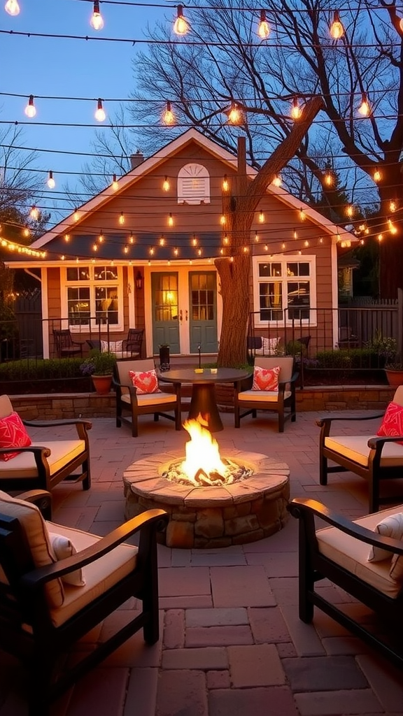 Cozy outdoor fire pit setup with string lights and seating