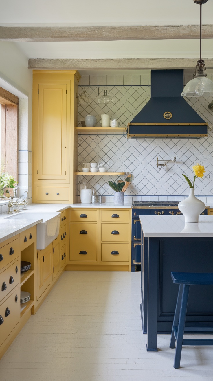 A yellow kitchen with navy blue accents and wooden beams