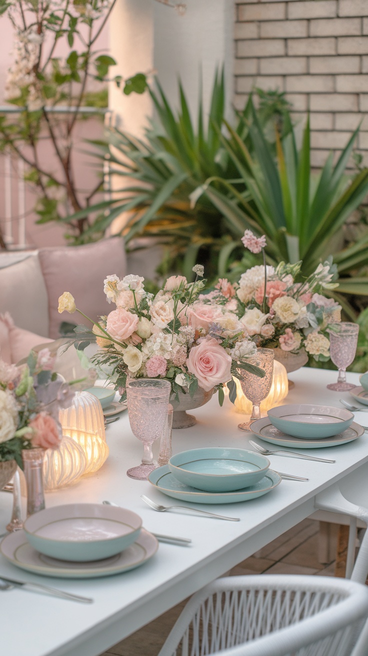 A chic spring tablescape featuring pastel colors and floral arrangements.