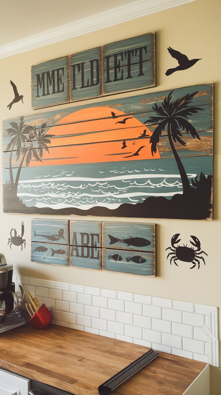 Beach-themed artwork displayed in a coastal kitchen, featuring palm trees and ocean waves.