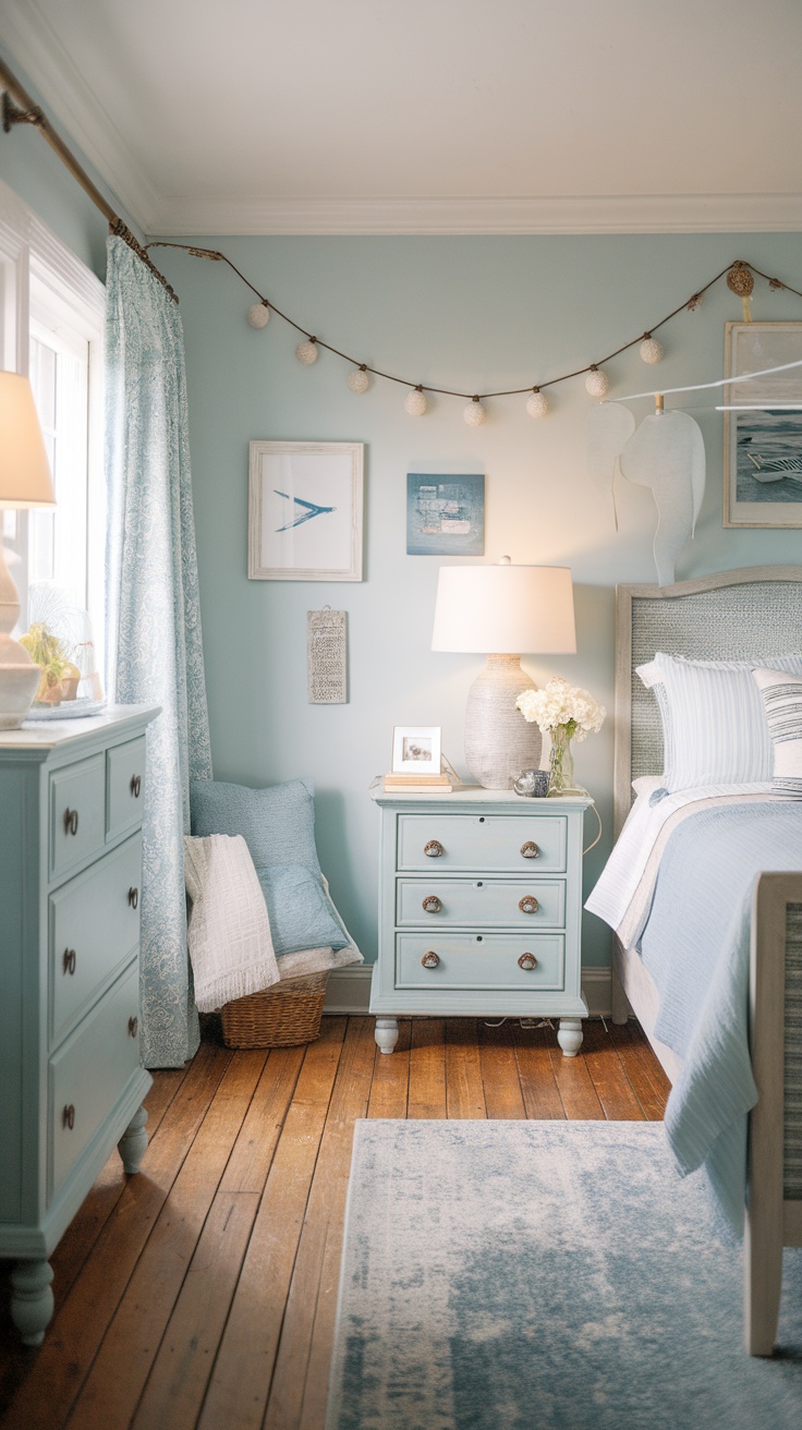 A cozy coastal chic bedroom featuring light blue walls, nautical decor, and wooden flooring.