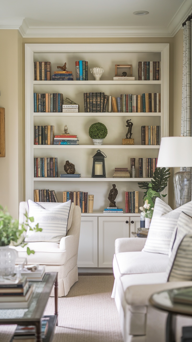 Cozy cottage living room with a personalized bookshelf nook filled with books and decorative accents.