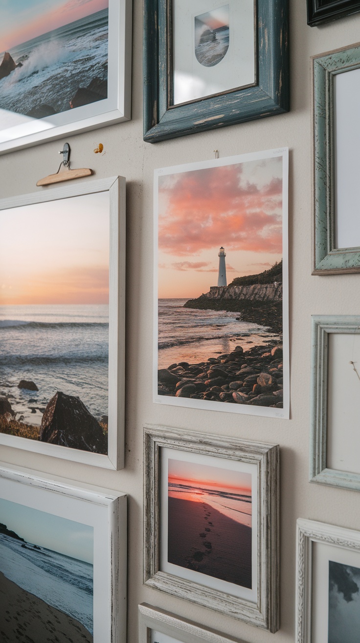 A gallery wall featuring framed coastal photographs with a variety of styles and colors.