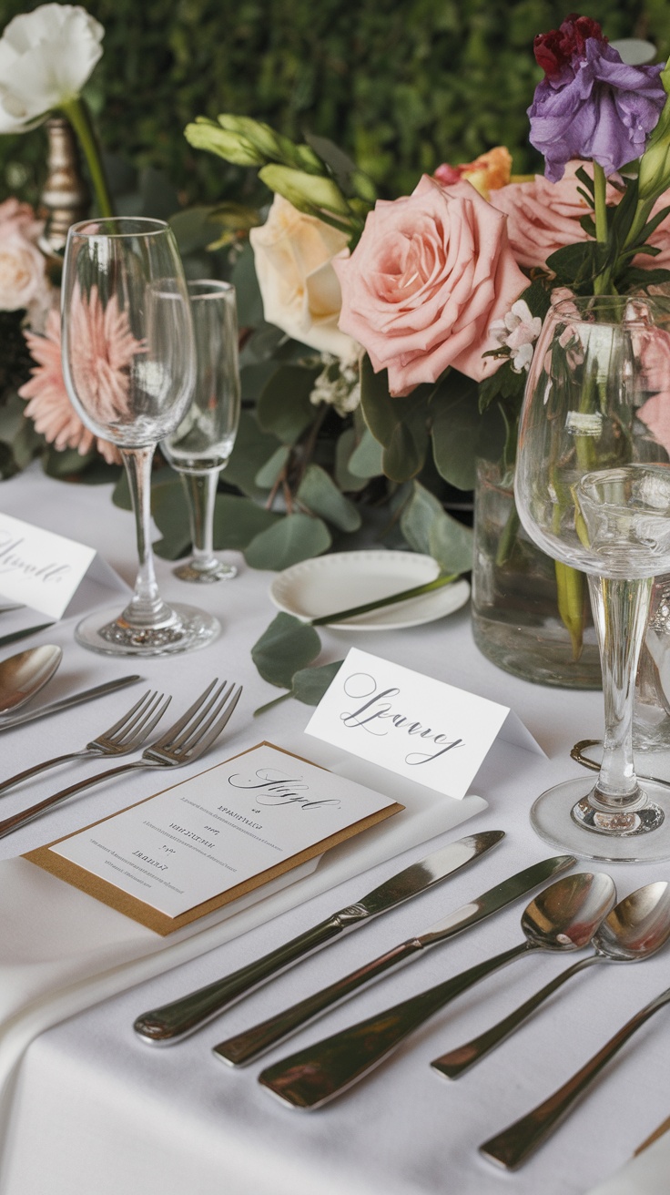 Elegant table setting with personalized place cards and floral arrangements