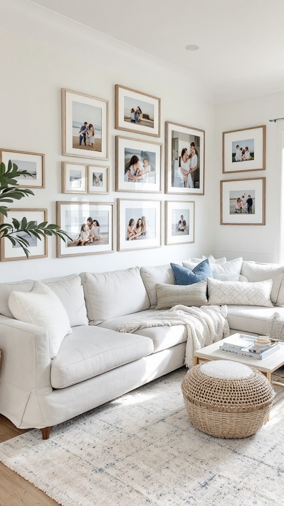 Coastal living room with family photos on the wall