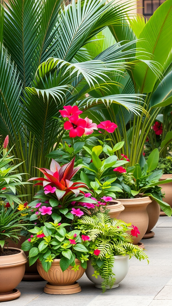 Colorful tropical plants in decorative pots