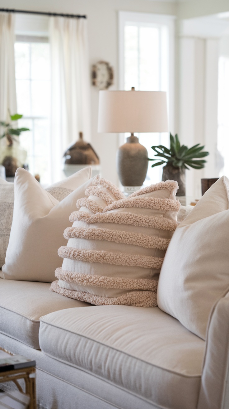 Cozy cottage living room featuring plush textured throw pillows on a sofa.