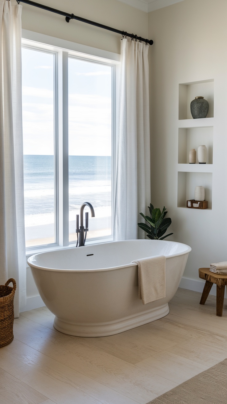 A serene coastal bathroom featuring a freestanding bathtub with ocean views.