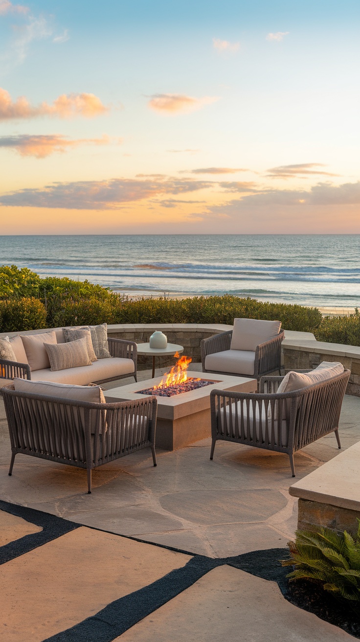 Cozy outdoor patio with a fire pit and ocean views at sunset.