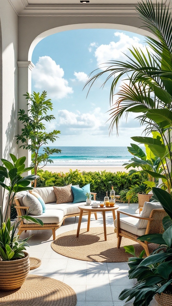 Cozy outdoor patio with beach views and lush plants