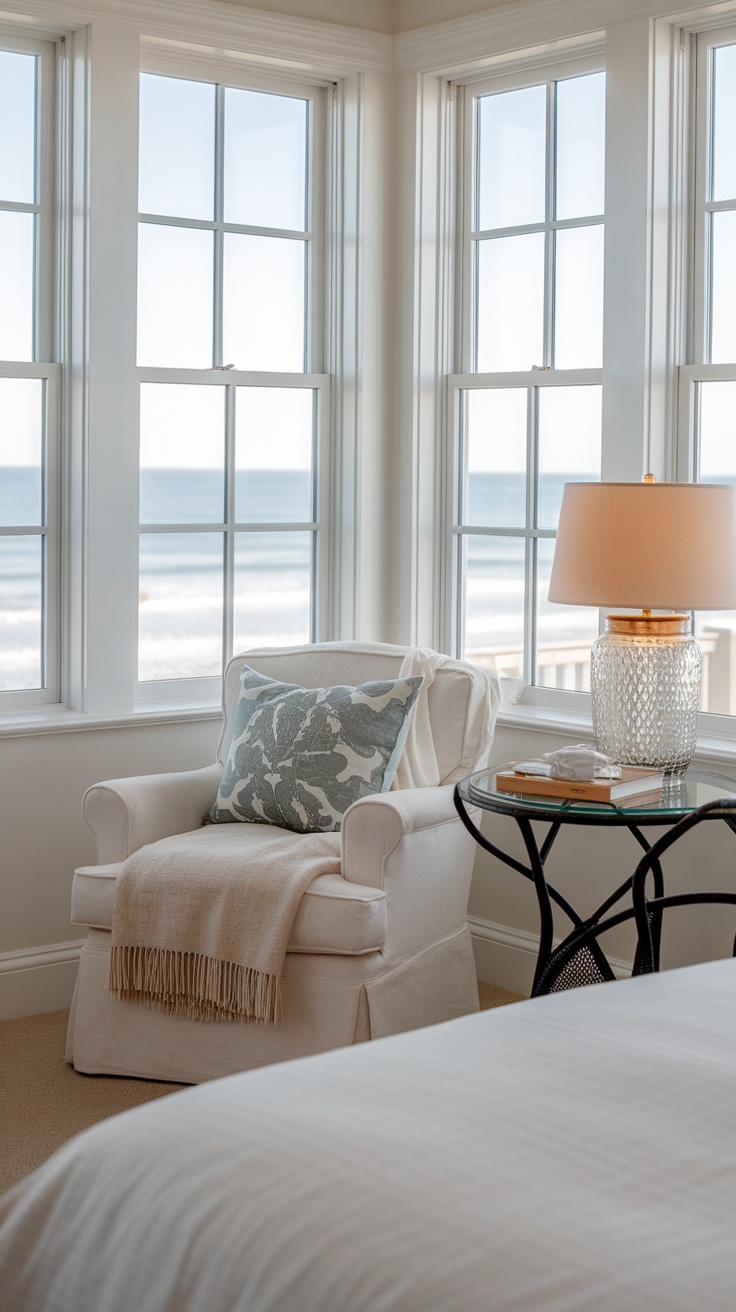 A cozy reading nook in a coastal bedroom with a comfortable chair and a view of the ocean.