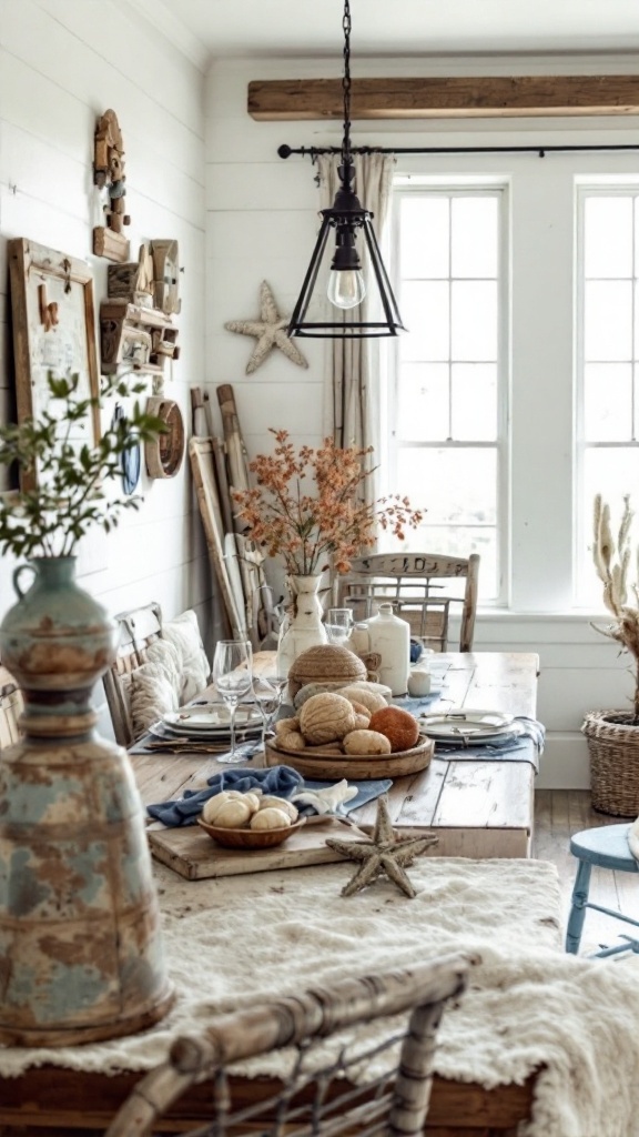 A cozy coastal dining area featuring rustic furniture, natural elements, and beach-themed decor.