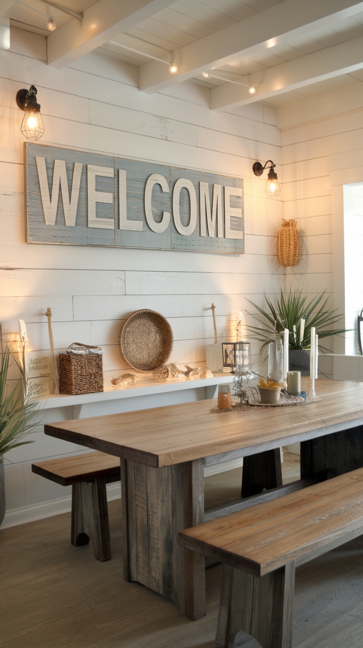 Cozy rustic dining area with farmhouse touches featuring a wooden table and coastal decor.