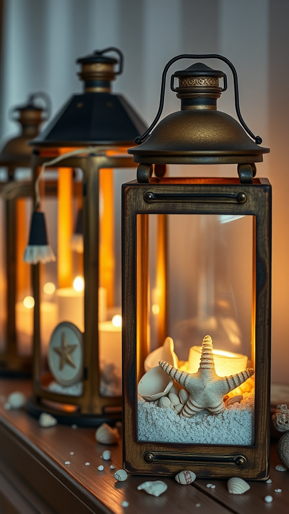 Rustic lanterns with marine decor elements featuring starfish and shells