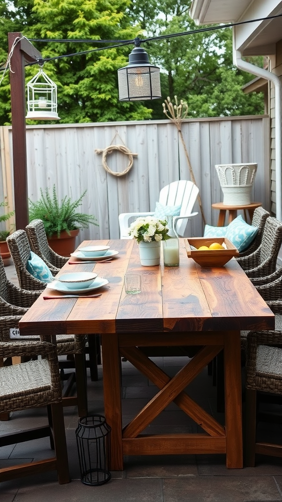 A rustic table made from reclaimed wood set for a meal in a cozy outdoor space.