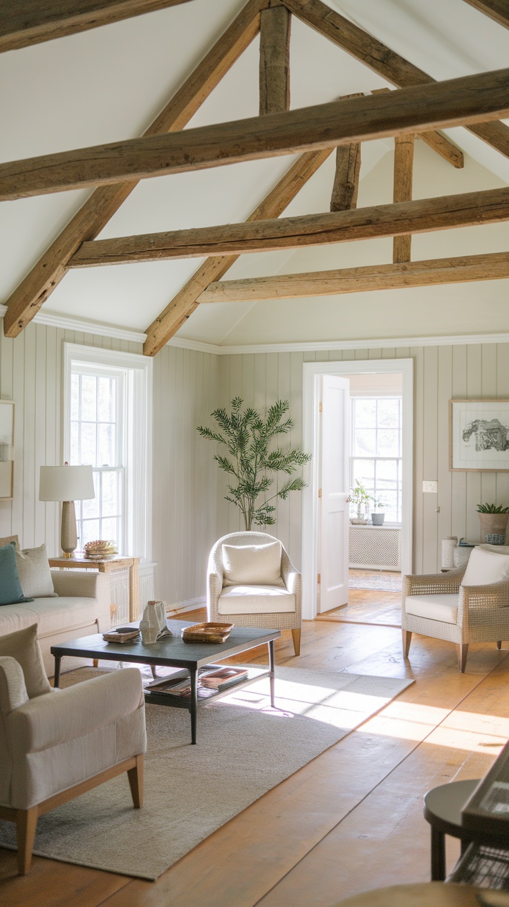 Cozy cottage living room featuring rustic wooden beams and a comfortable seating area.