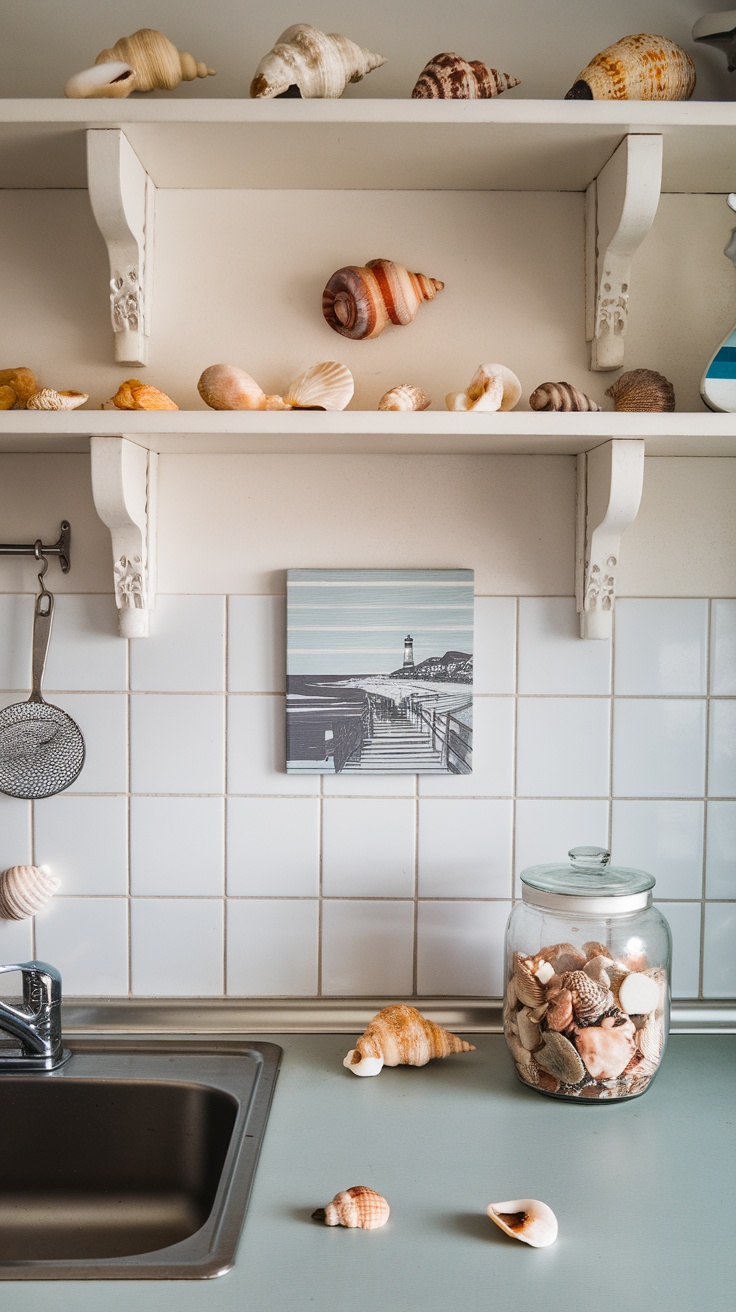 A coastal kitchen with shelves adorned with various seashells and a jar filled with shells.