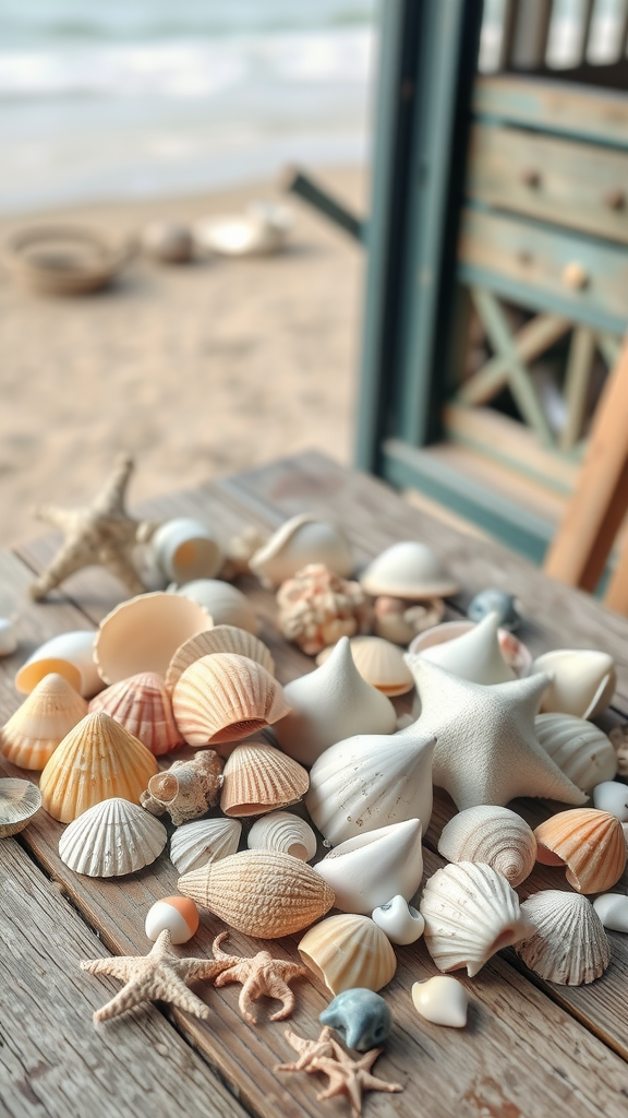 A collection of various seashells and starfish spread out on a wooden table.