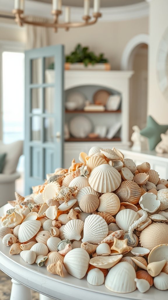 A collection of various seashells displayed on a table in a bright, coastal-themed living space.