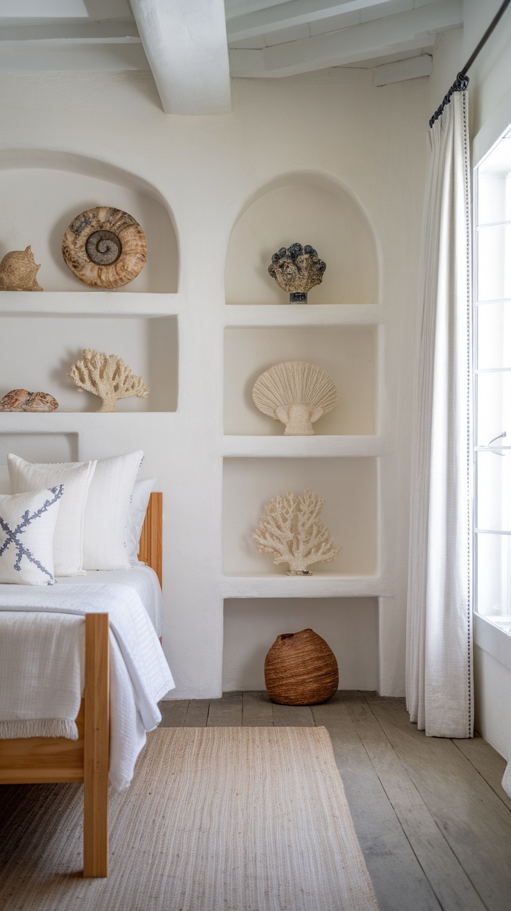 A coastal bedroom with seashell and coral accents displayed on shelves.