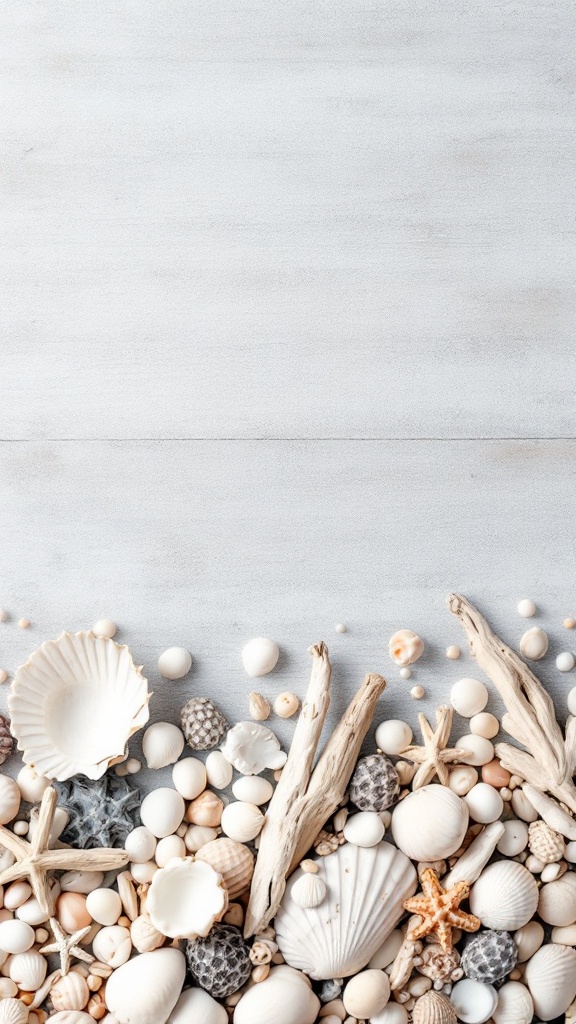 A collection of seashells and driftwood arranged on a light wooden surface.