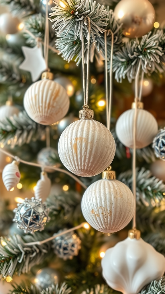 A close-up of seashell ornaments hanging on a Christmas tree decorated with lights and greenery.