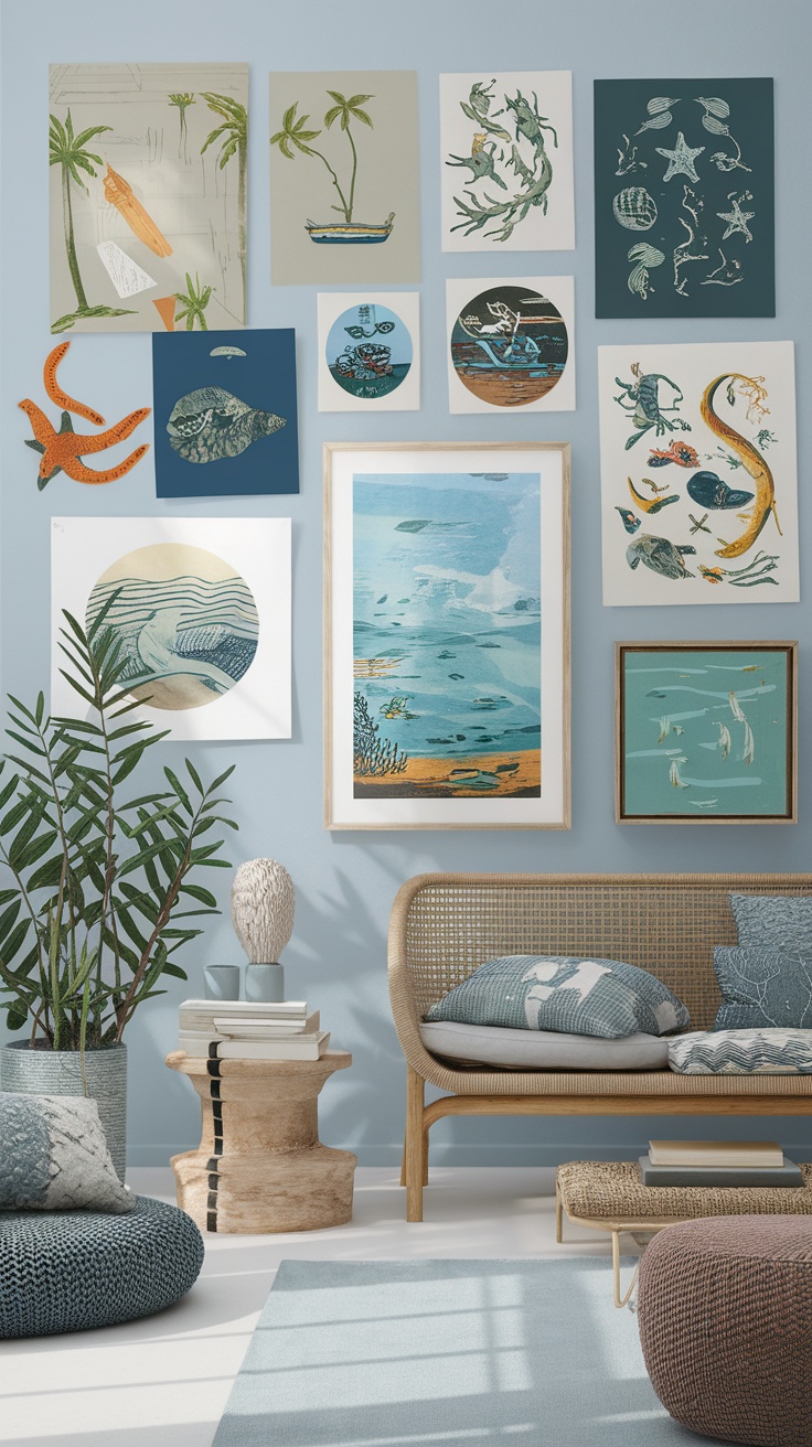 A collection of seaside-inspired artwork on a wall, featuring marine life and natural elements, displayed in a cozy room.