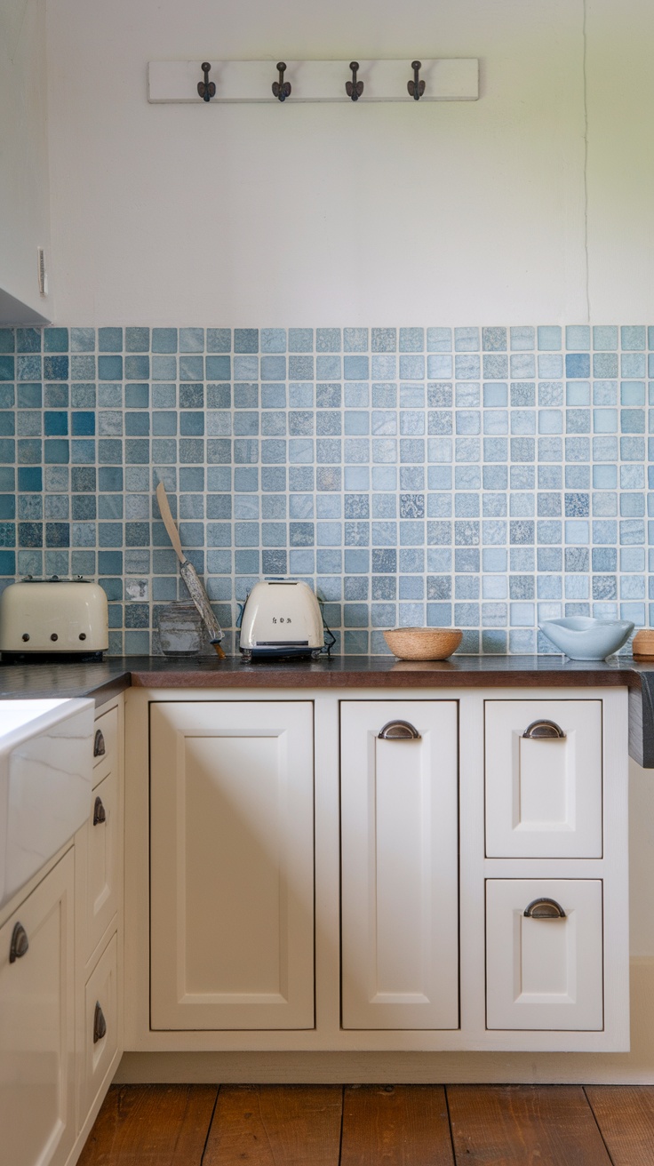 Coastal kitchen with blue tiled backsplash and white cabinets