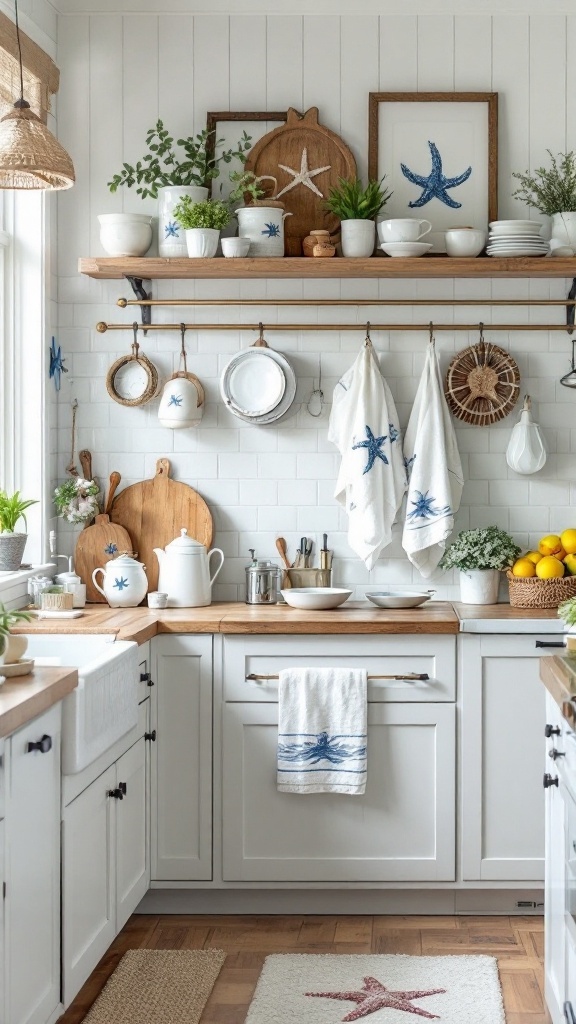 A cozy seaside kitchen with white cabinetry, beach-themed decor, and natural wood accents.