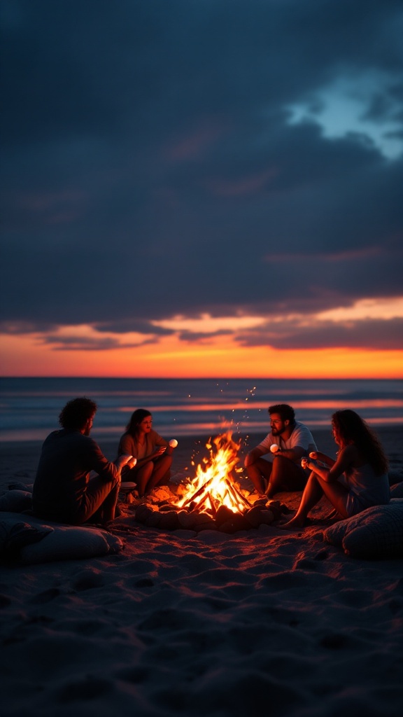 Group of friends enjoying a bonfire on the beach at sunset