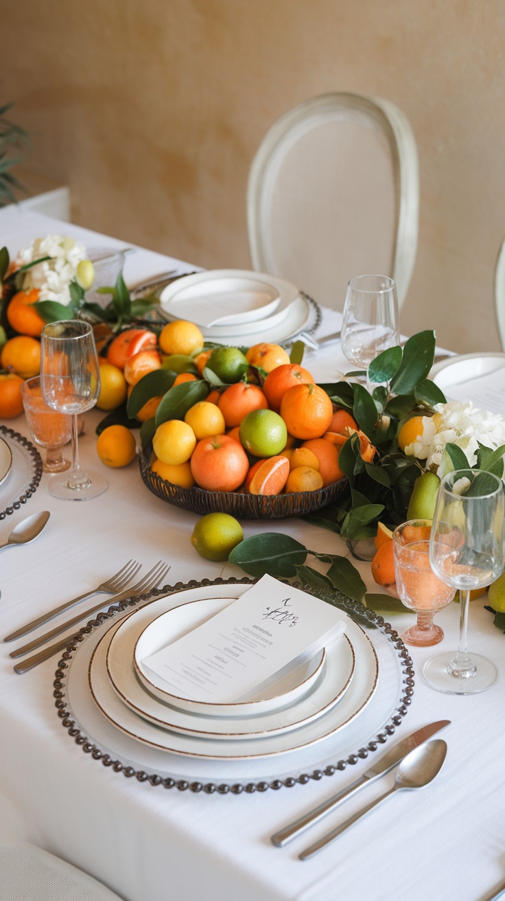 A chic spring tablescape featuring a variety of vibrant fruits on a stylish table setting.