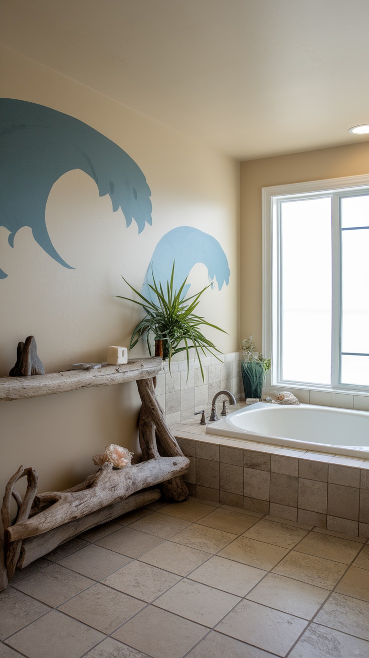 A serene bathroom featuring a tub, natural elements, and coastal decor.