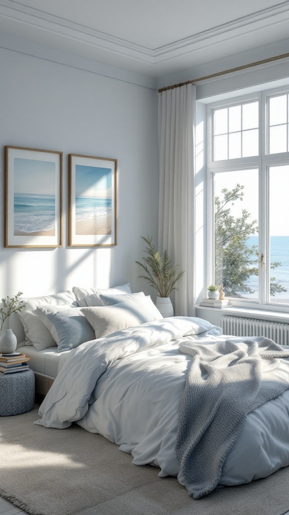 A serene bedroom featuring beach-inspired decor with a cozy atmosphere.