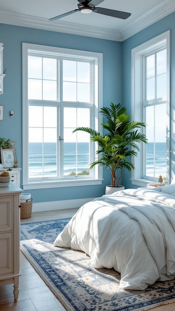 A serene coastal bedroom featuring soft blue walls, large windows overlooking the ocean, and a cozy bed with white bedding.