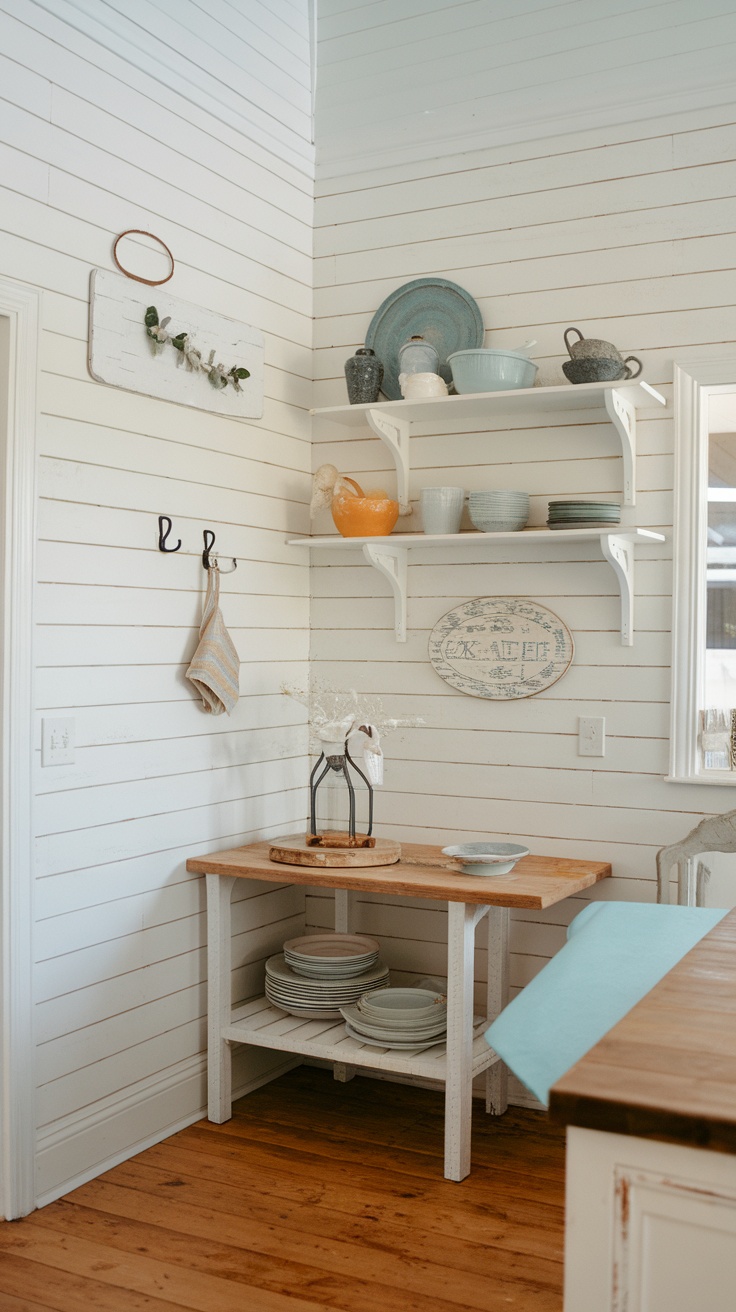 A coastal farmhouse kitchen with shiplap walls and wooden flooring. The kitchen features open shelves with plates and a rustic table.