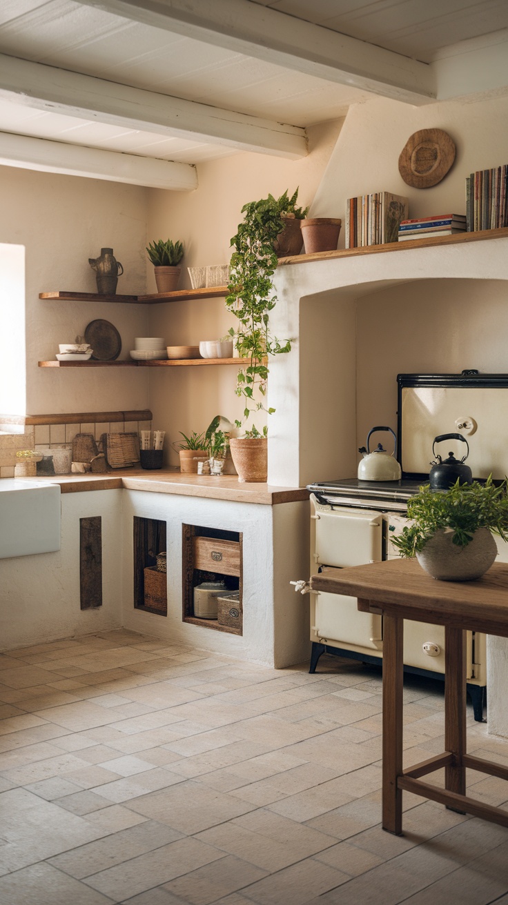 Coastal kitchen with soft lighting and natural decor elements.