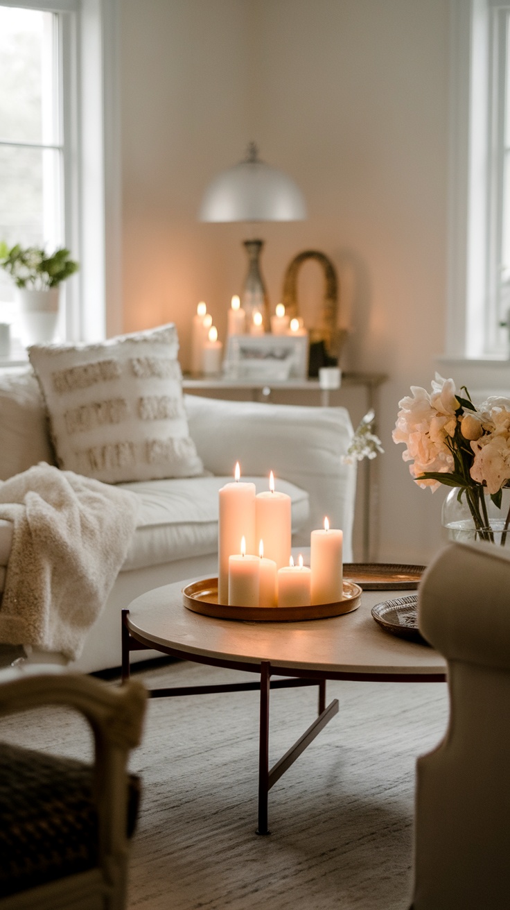 Cozy cottage living room with candlelight and soft furnishings.