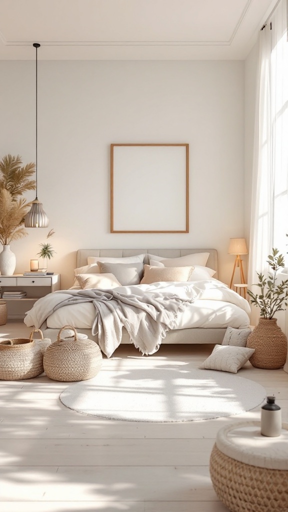 A serene coastal bedroom featuring soft pastel colors and natural decor.