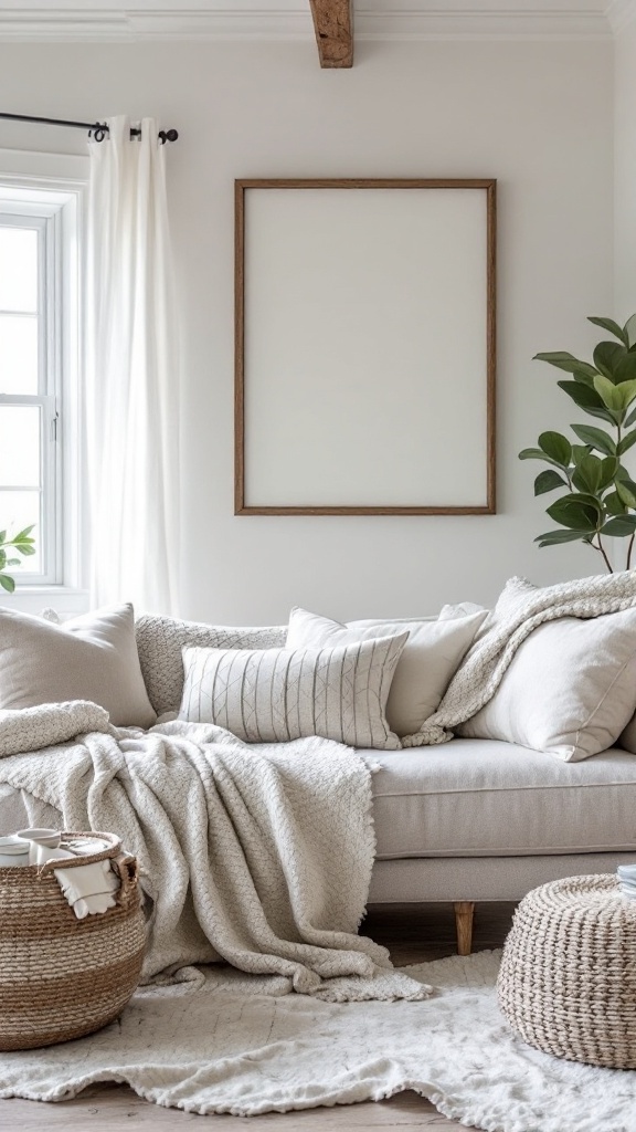 Cozy coastal living room with soft textures and throws on a light sofa